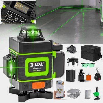 2 акамулятори Лазерний рівень нівелір Hilda 4D16 ліній зелений промінь і Bluetooth